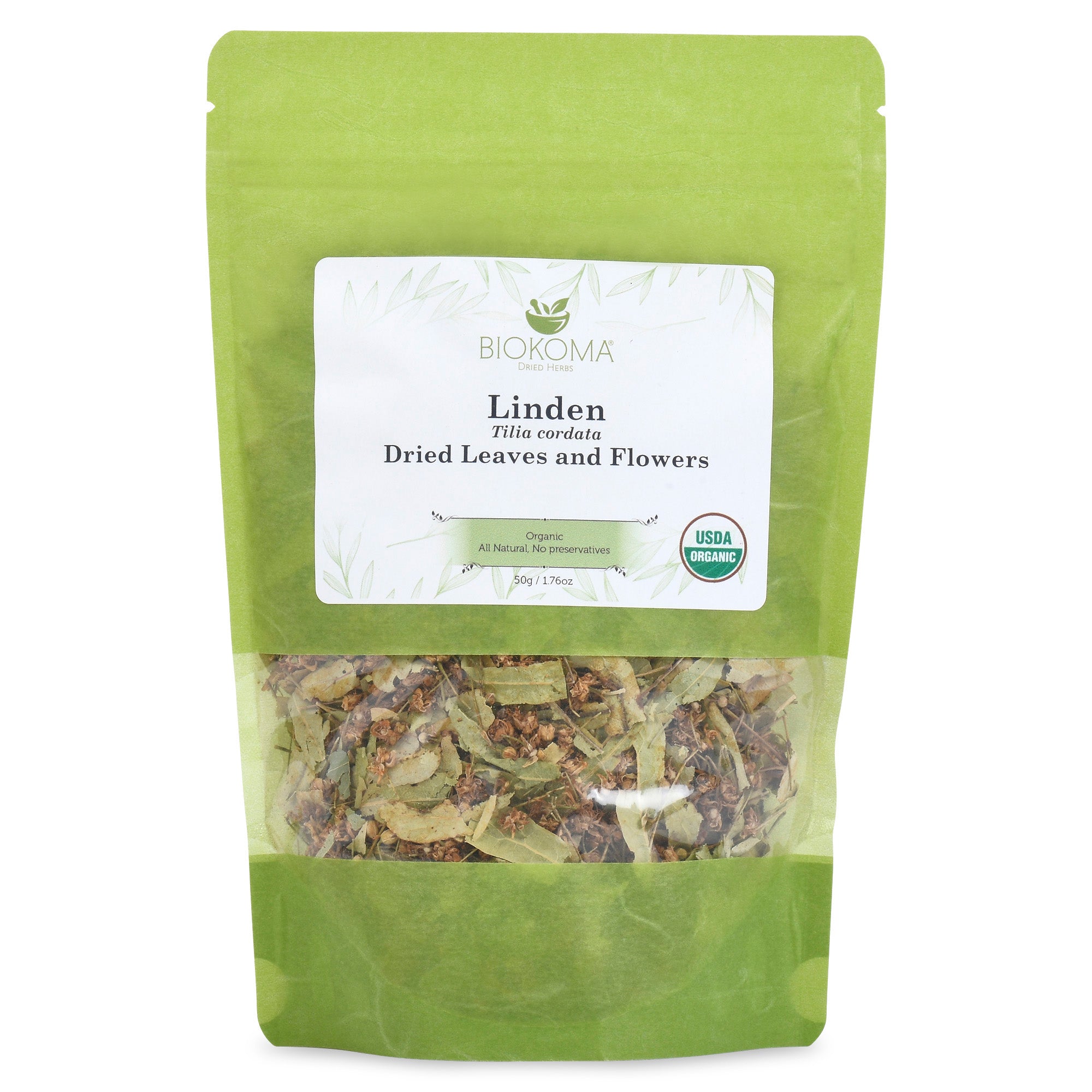 Pure and Organic Biokoma Linden Dried Leaves and Flowers Herbal Tea in Resealable Pack Moisture Proof Pouch - 50g